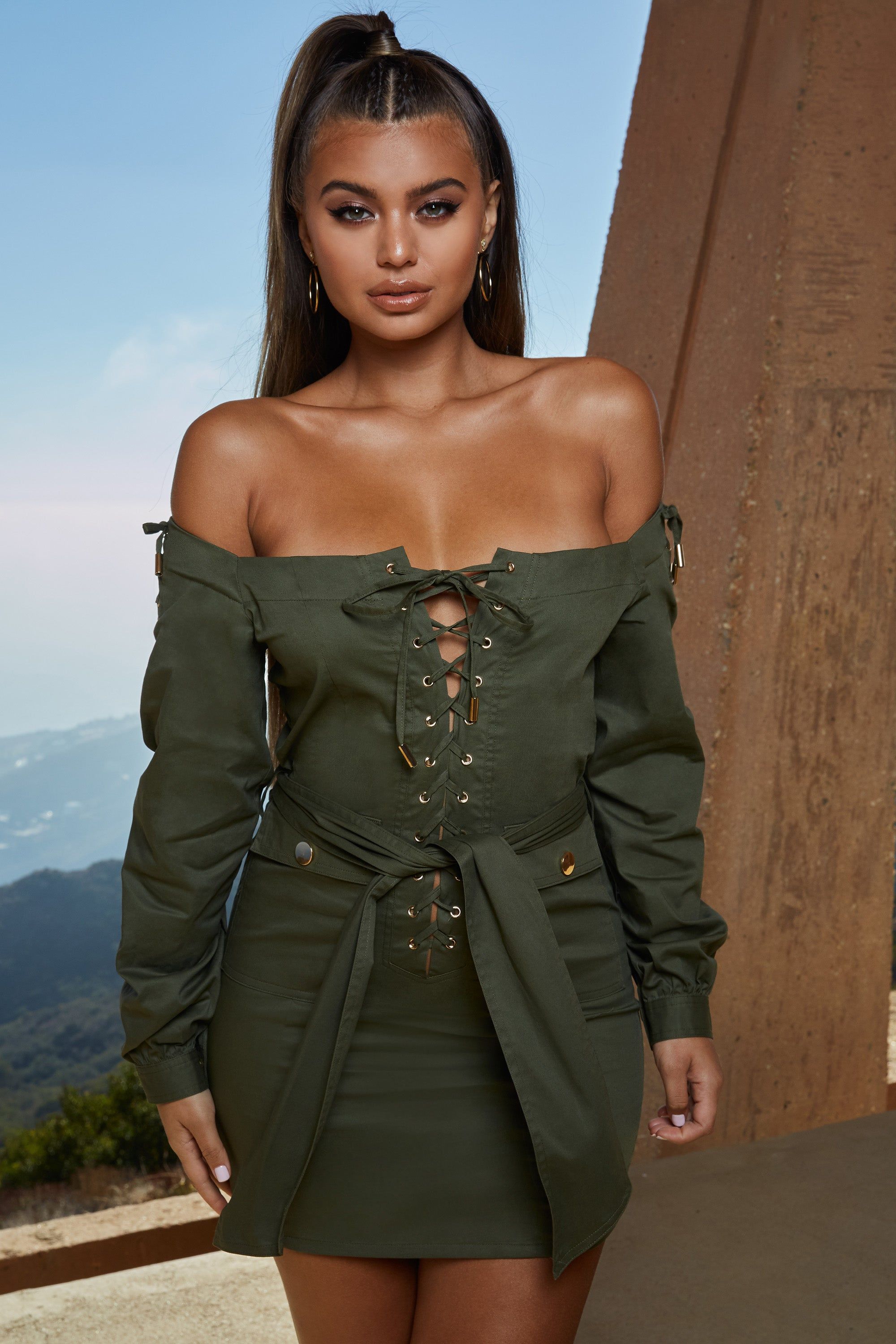 Tongue Tied Off The Shoulder Mini Dress in Khaki sold by Oh Polly product image thumbnail 4