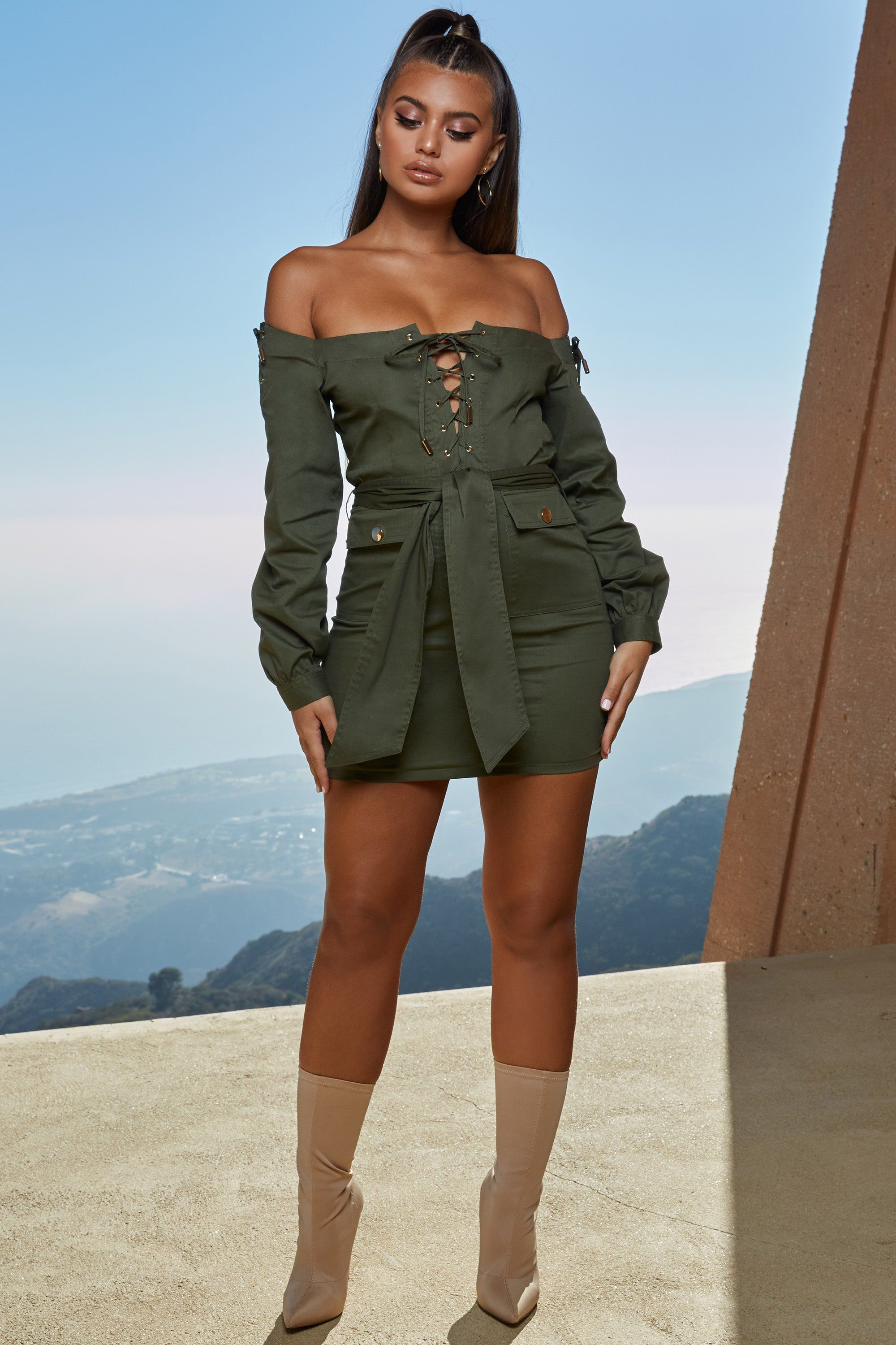 Tongue Tied Off The Shoulder Mini Dress in Khaki sold by Oh Polly product image thumbnail 2