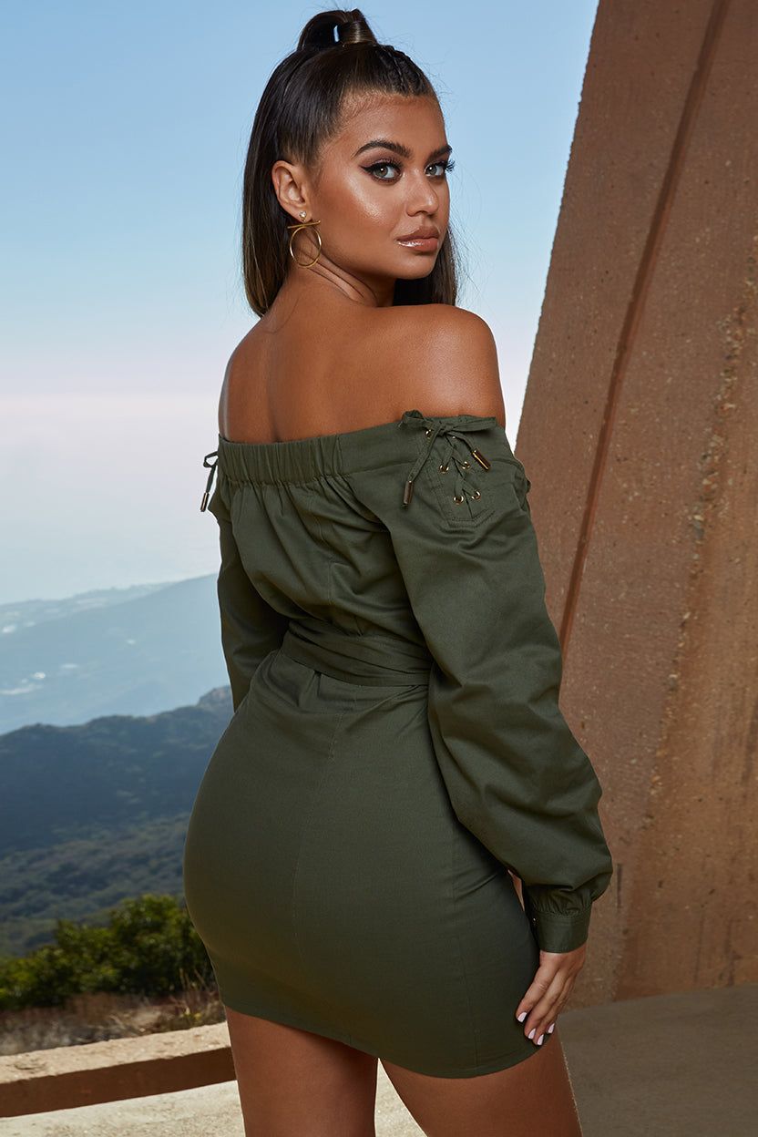 Tongue Tied Off The Shoulder Mini Dress in Khaki sold by Oh Polly product image thumbnail 11
