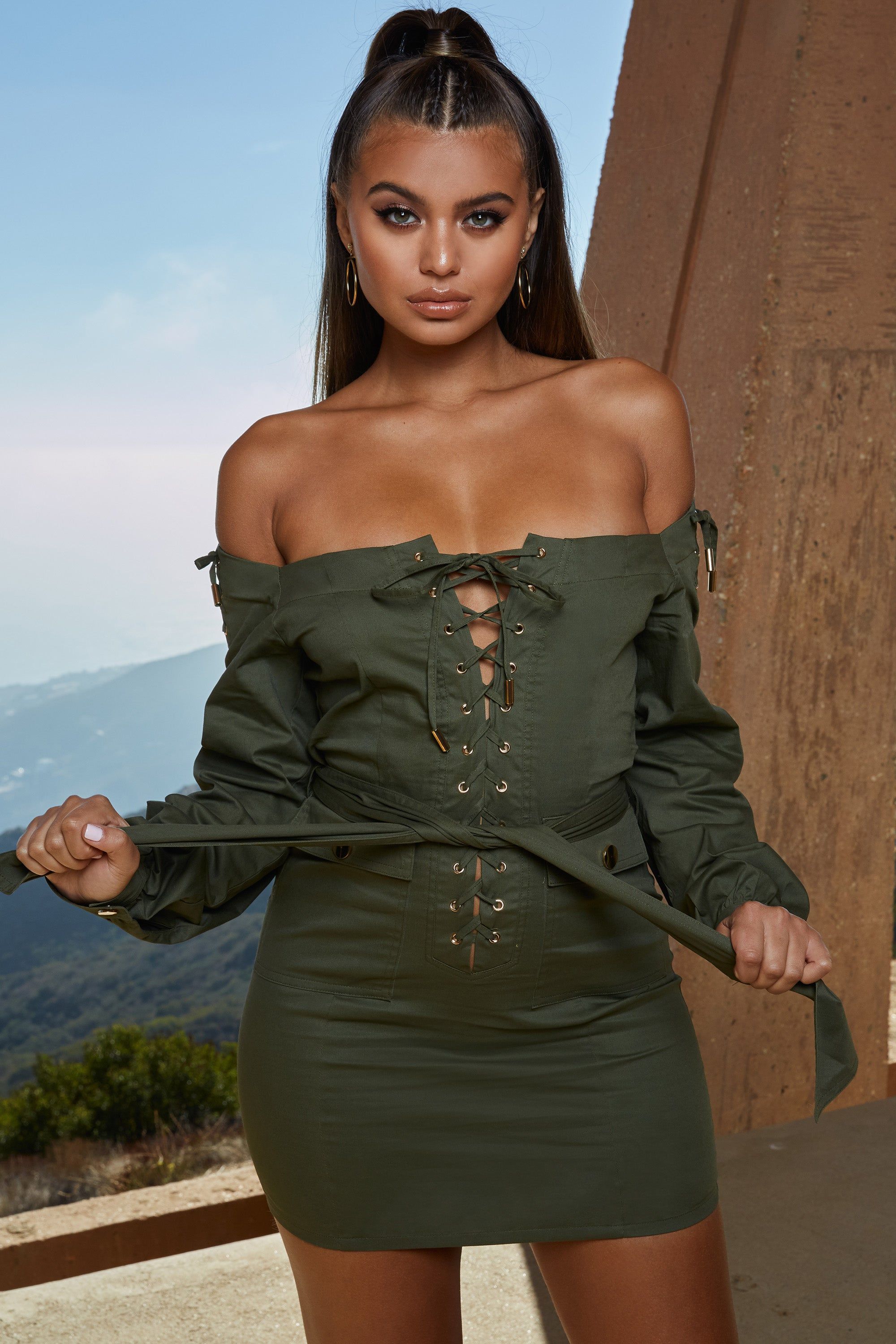 Tongue Tied Off The Shoulder Mini Dress in Khaki sold by Oh Polly product image thumbnail 7