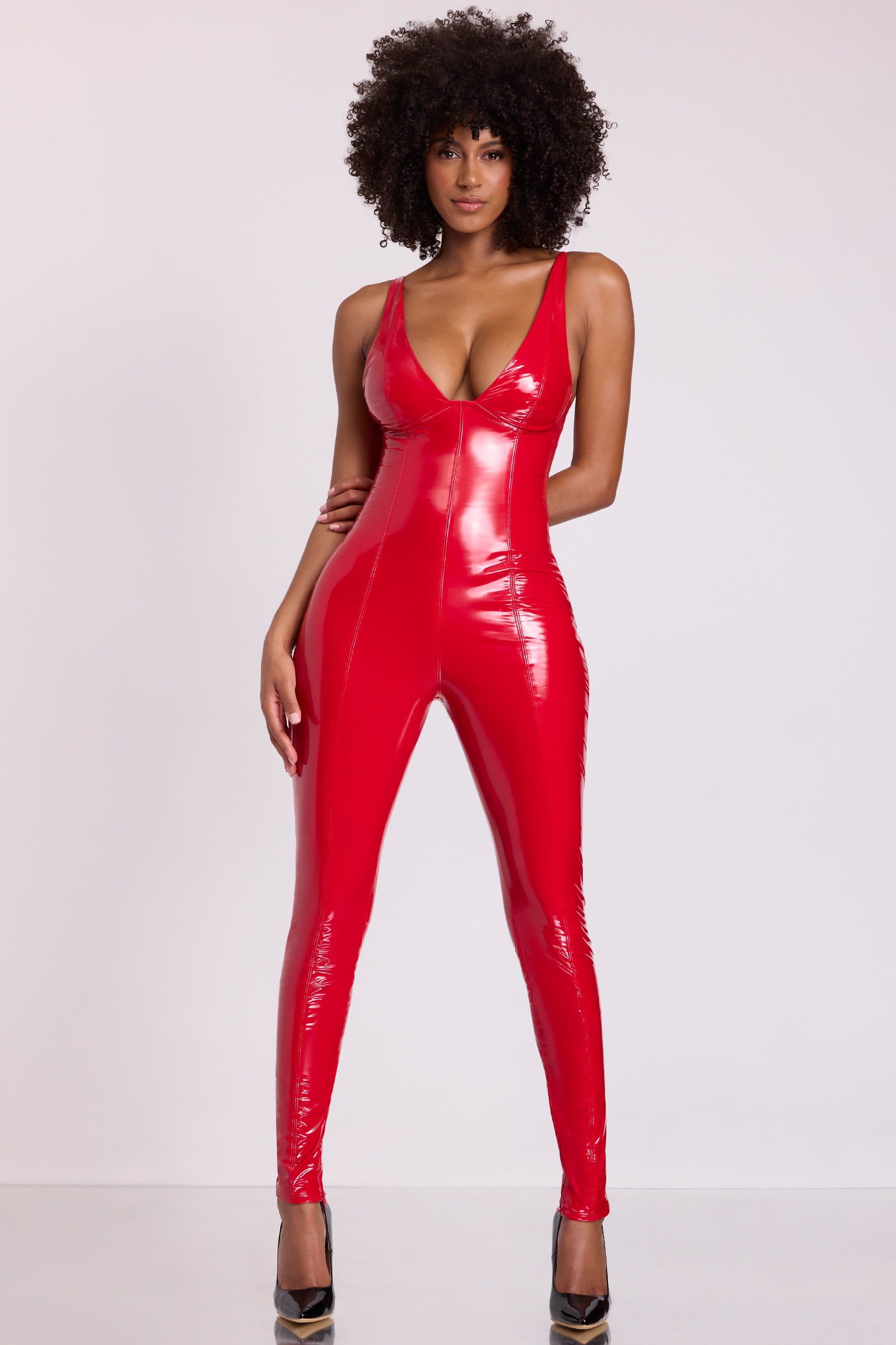 Vinyl Plunge Neck Catsuit in Fire Red sold by Oh Polly product image thumbnail 9
