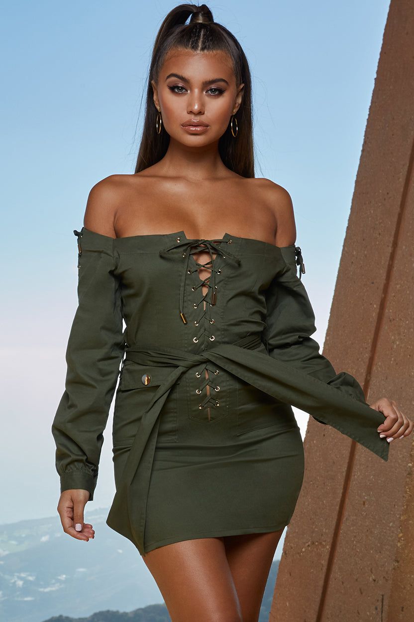 Tongue Tied Off The Shoulder Mini Dress in Khaki sold by Oh Polly product image thumbnail 12