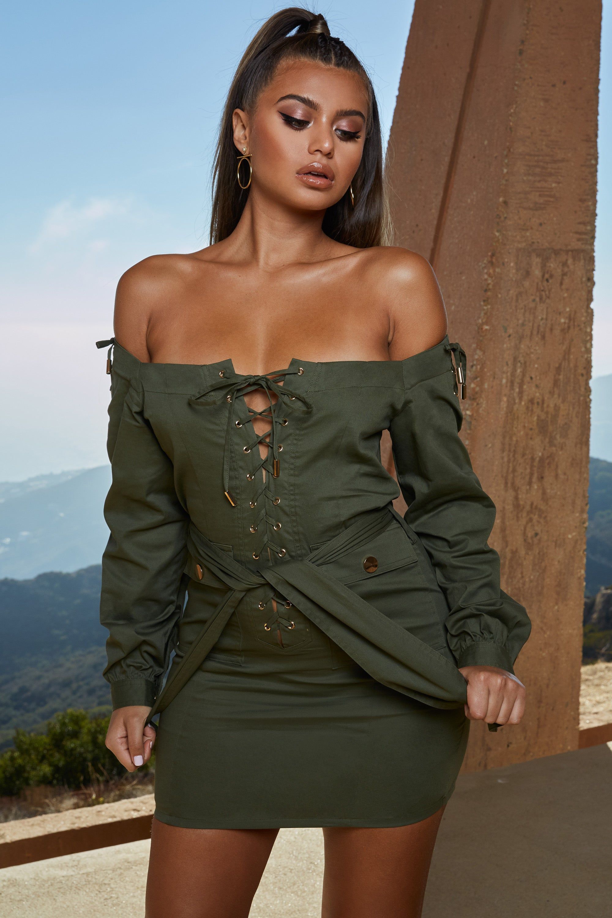 Tongue Tied Off The Shoulder Mini Dress in Khaki sold by Oh Polly product image thumbnail 5
