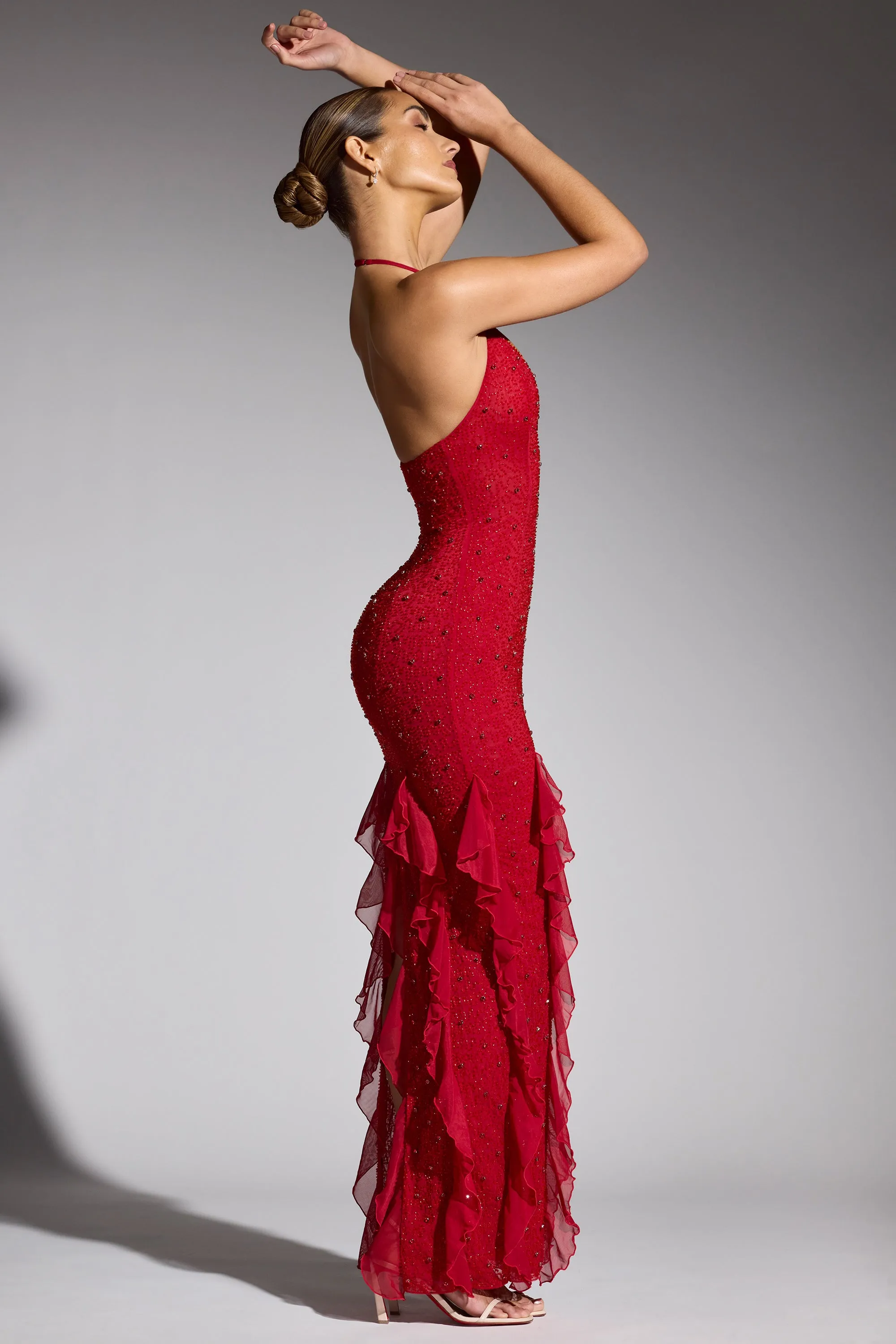 Embellished Halter Neck Ruffle Maxi Dress in Red sold by Oh Polly product image thumbnail 3