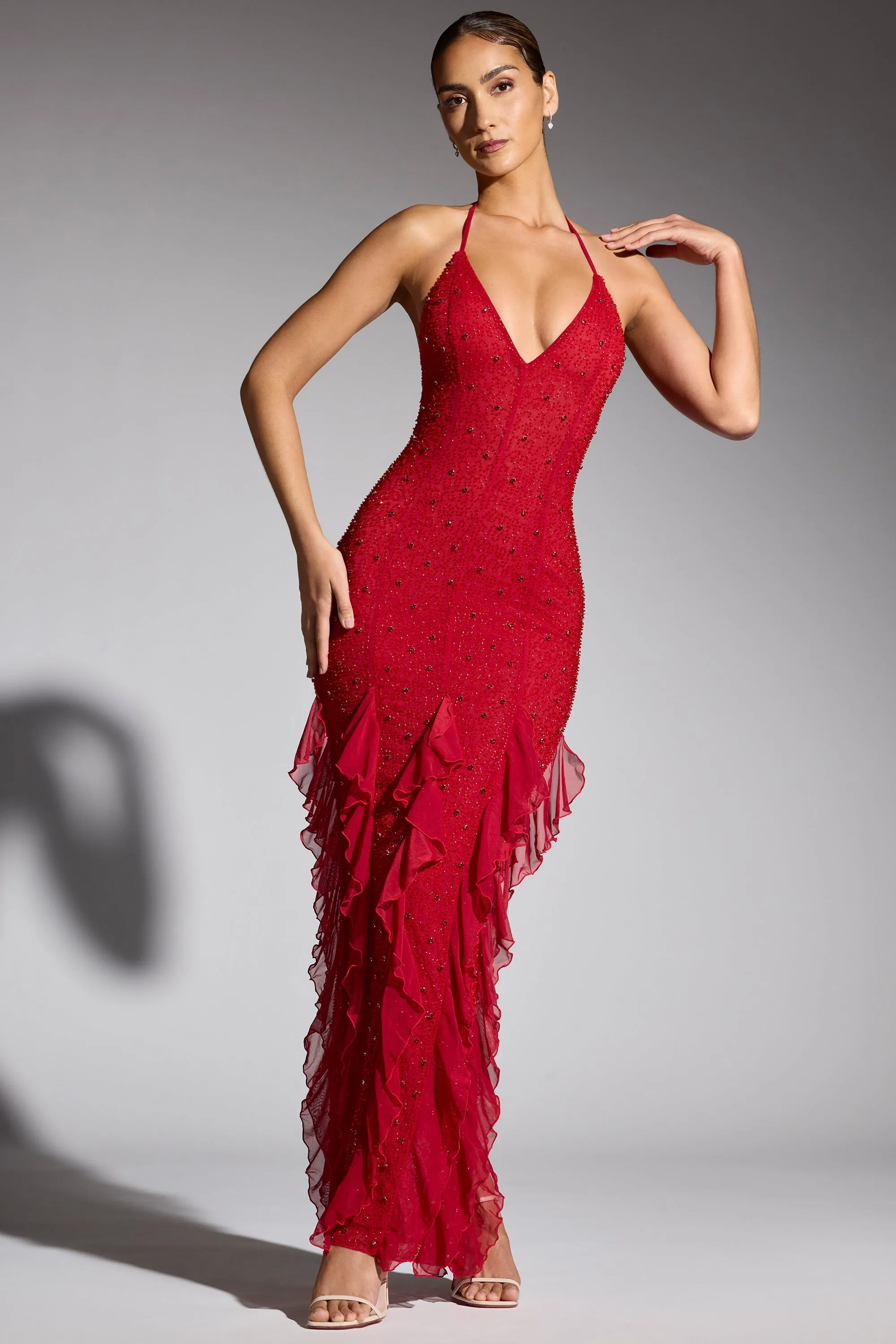 Embellished Halter Neck Ruffle Maxi Dress in Red sold by Oh Polly