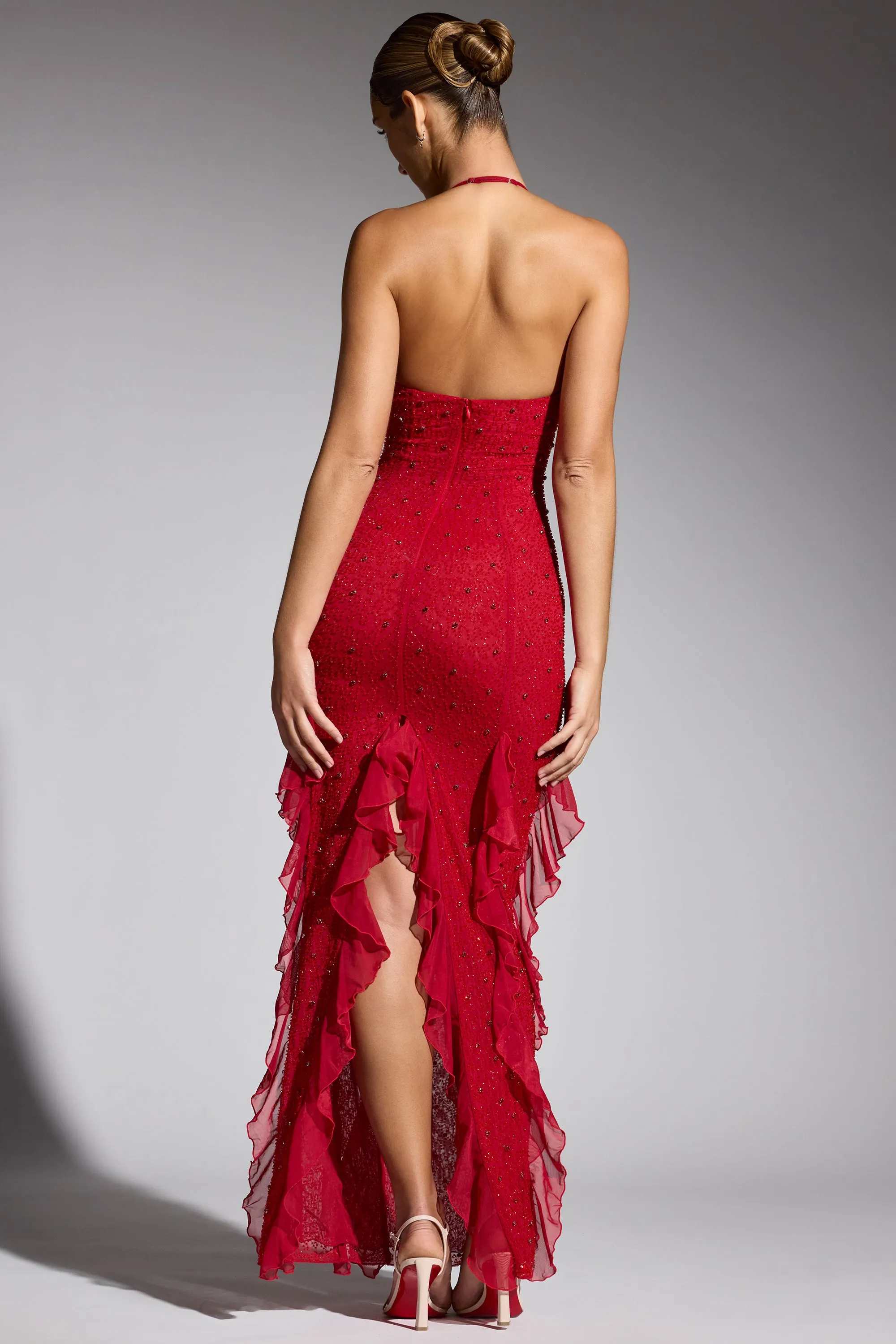 Embellished Halter Neck Ruffle Maxi Dress in Red sold by Oh Polly product image thumbnail 2