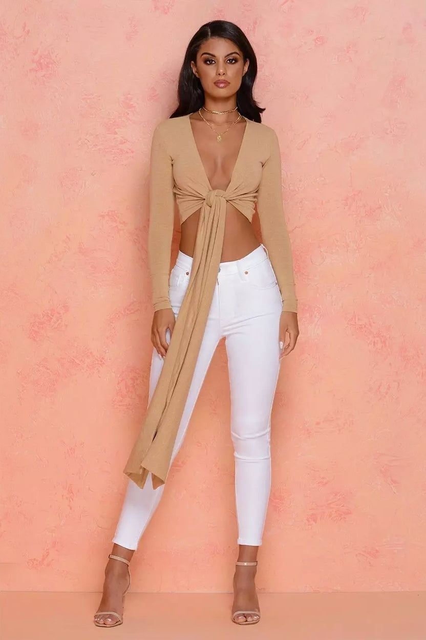 Self Centered Long Sleeve Plunge Tie Front Top in Beige sold by Oh Polly product image thumbnail 4