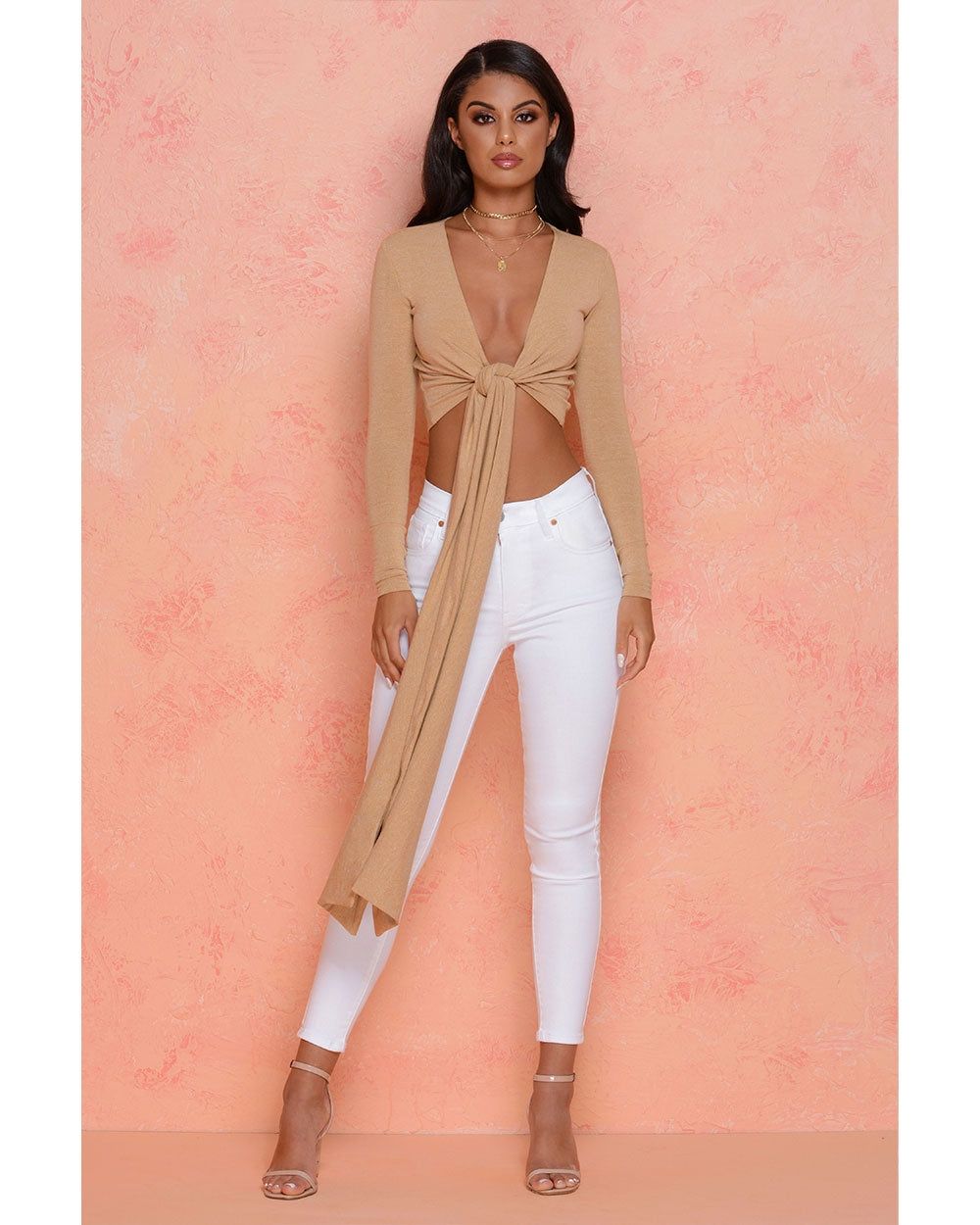 Self Centered Long Sleeve Plunge Tie Front Top in Beige sold by Oh Polly