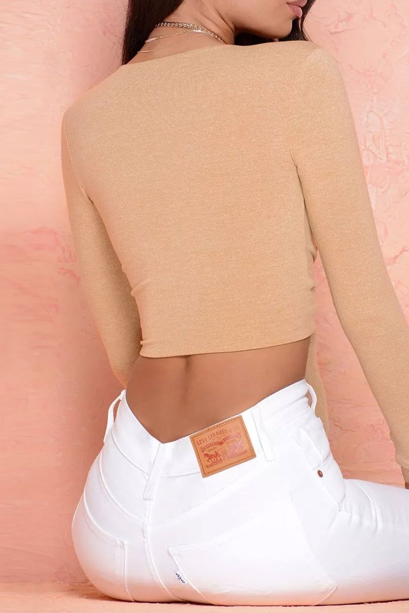 Self Centered Long Sleeve Plunge Tie Front Top in Beige sold by Oh Polly product image thumbnail 3
