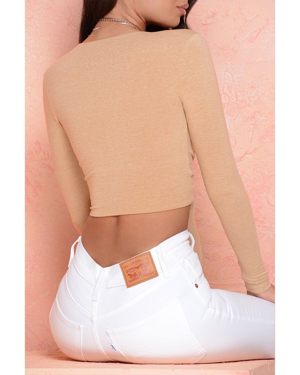 Self Centered Long Sleeve Plunge Tie Front Top in Beige sold by Oh Polly product image thumbnail 2