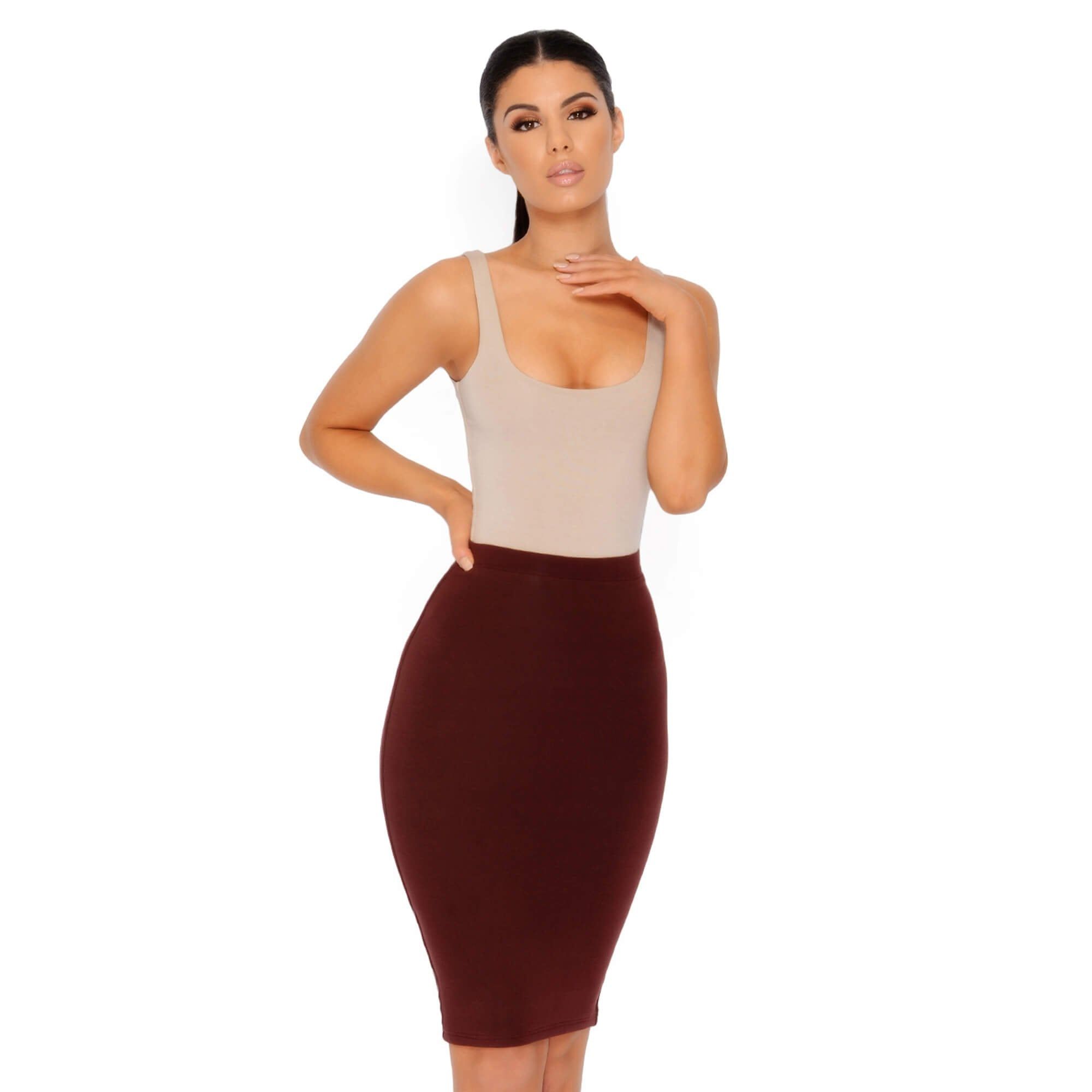 Number 1 Fit Double Layered Midi Skirt in Chocolate Brown sold by Oh Polly