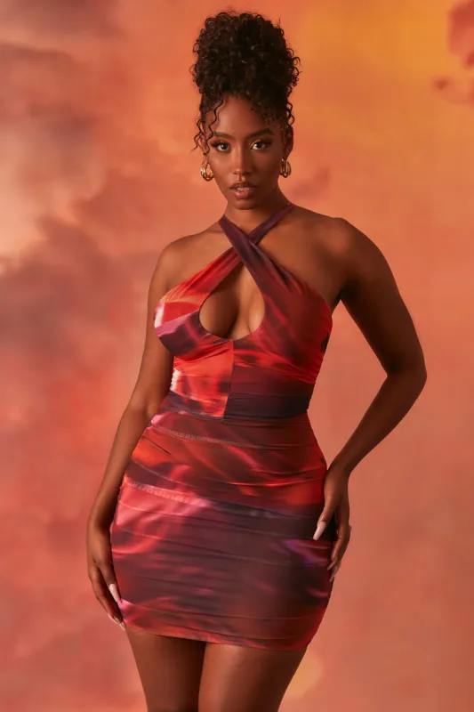 Crossover Ruched Mesh Mini Dress in Orange sold by Oh Polly