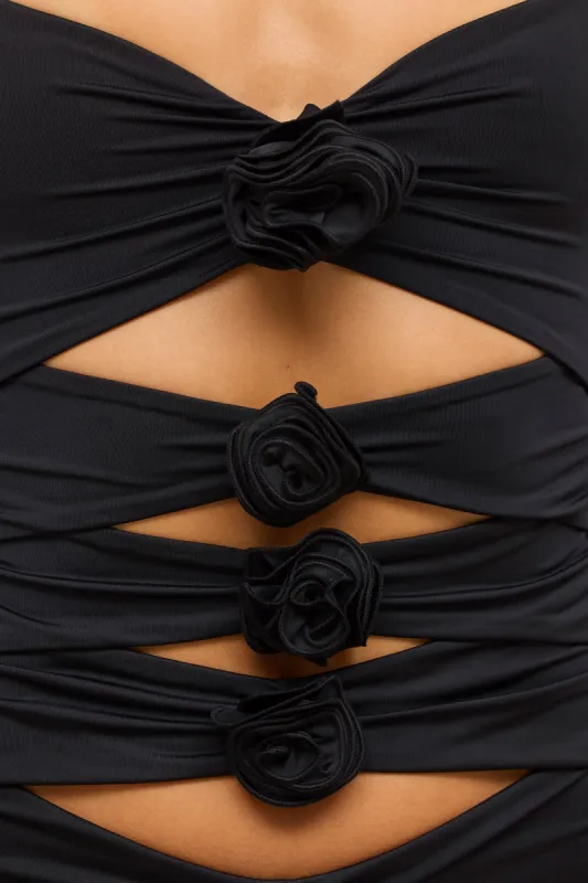 slinky jersey rose detail cut out mini dress in black Slinky Jersey Rose Detail Cut Out Mini Dress in Black