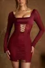Long Sleeve Lace Up Corset Micro Mini Dress in Wine sold by Oh Polly