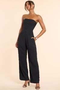 Tall Woven Wool Bandeau Corset Jumpsuit in Black sold by Oh Polly