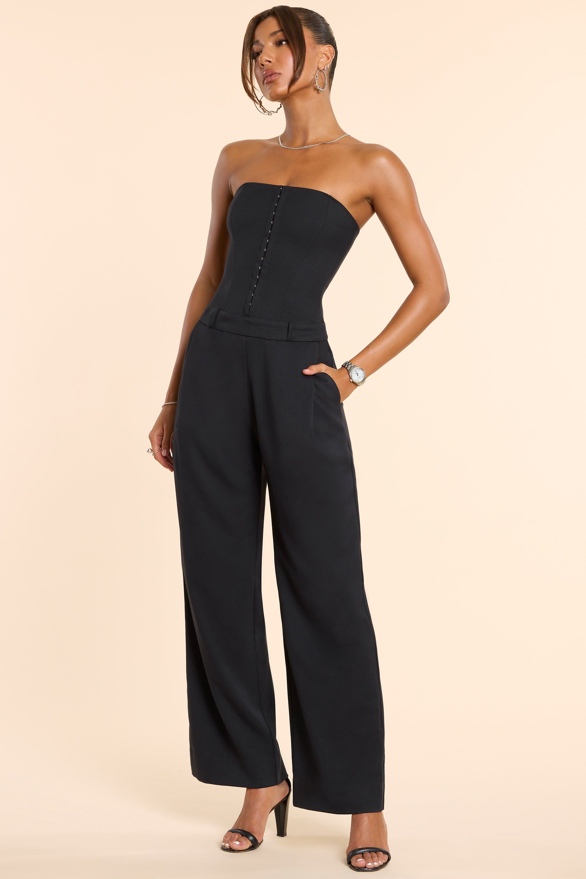 Tall Woven Wool Bandeau Corset Jumpsuit in Black sold by Oh Polly product image thumbnail 6