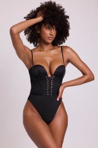 Satin Plunge Neck Lace Up Corset Bodysuit in Black sold by Oh Polly