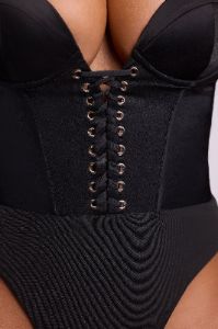 Satin Plunge Neck Lace Up Corset Bodysuit in Black sold by Oh Polly