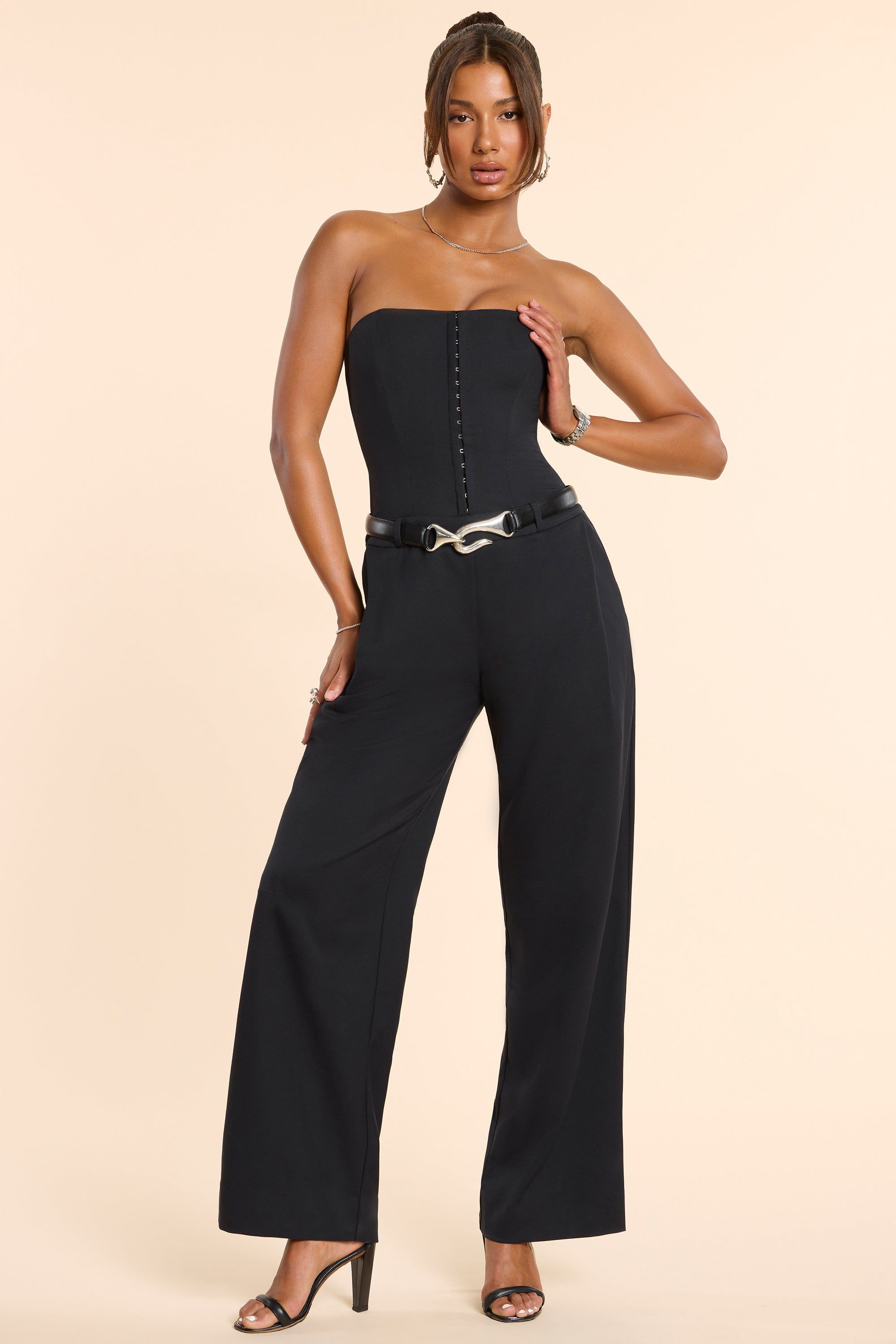 Tall Woven Wool Bandeau Corset Jumpsuit in Black sold by Oh Polly