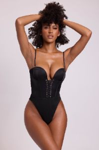 Satin Plunge Neck Lace Up Corset Bodysuit in Black sold by Oh Polly