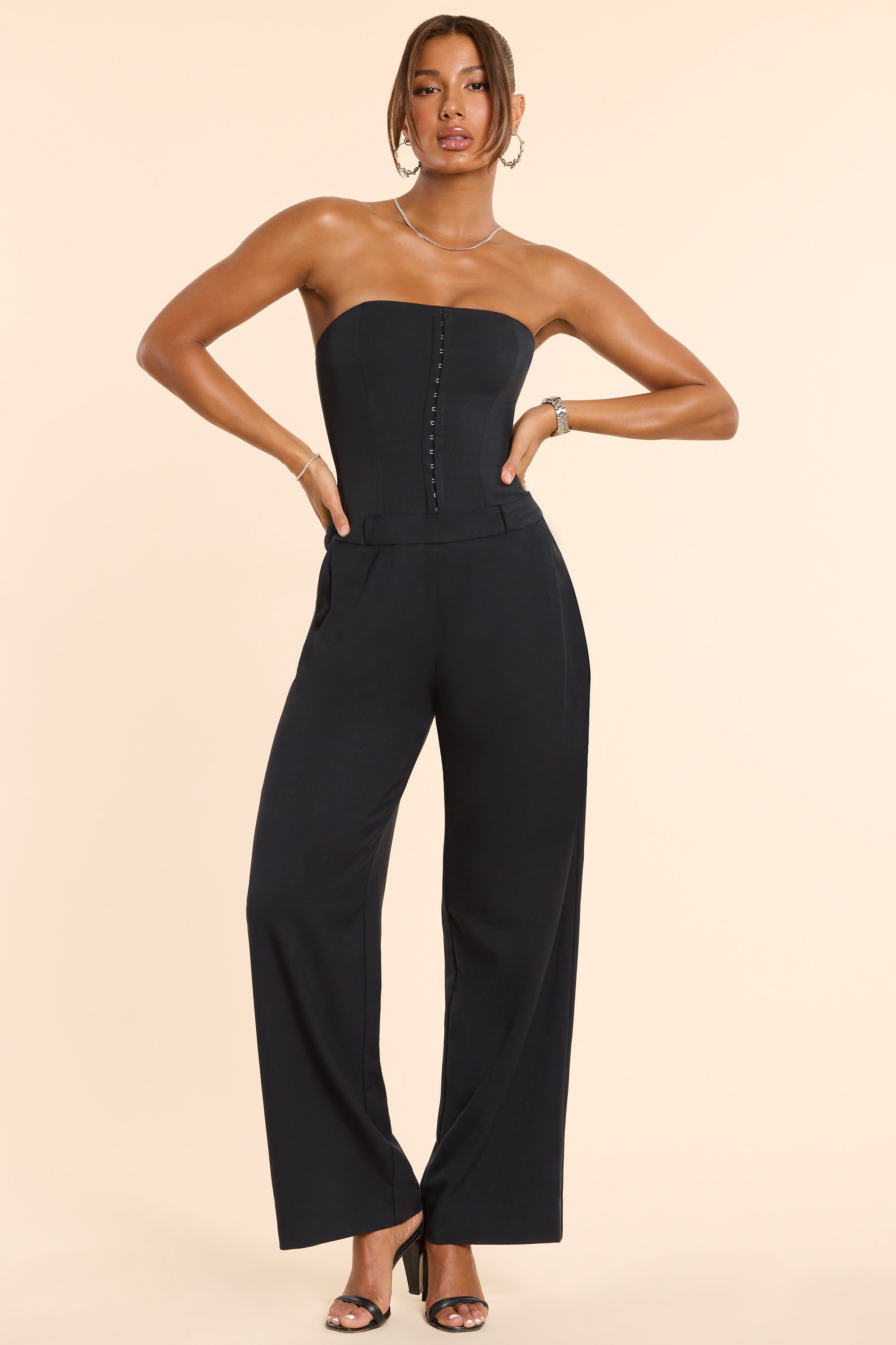 Tall Woven Wool Bandeau Corset Jumpsuit in Black sold by Oh Polly product image thumbnail 5