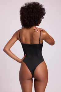 Satin Plunge Neck Lace Up Corset Bodysuit in Black sold by Oh Polly