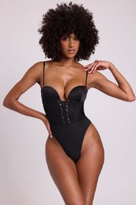 Satin Plunge Neck Lace Up Corset Bodysuit in Black sold by Oh Polly