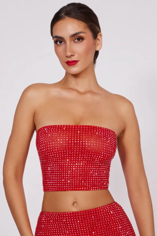 Embellished Strapless Crop Top in Fire Red sold by Oh Polly