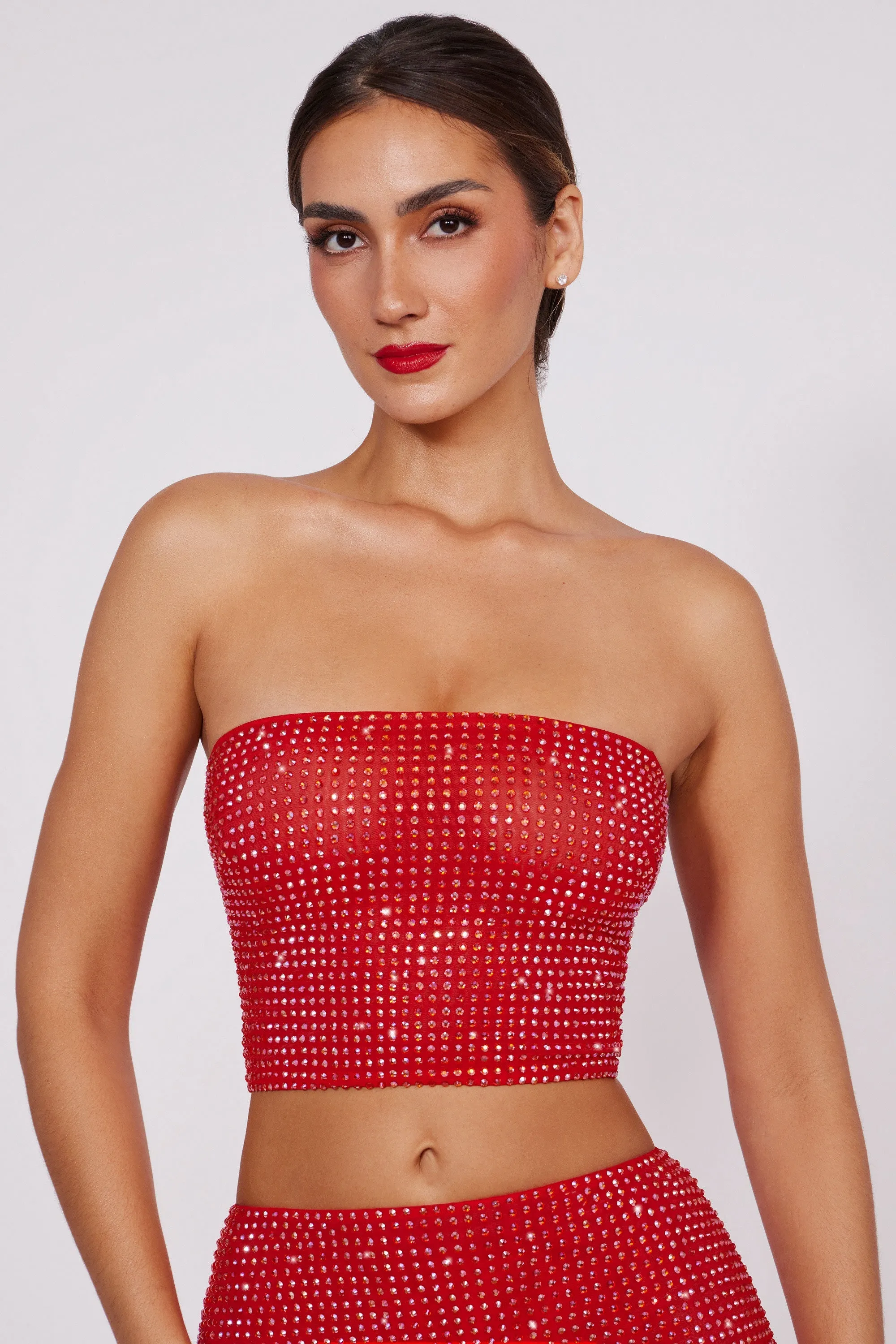 Embellished Strapless Crop Top in Fire Red sold by Oh Polly