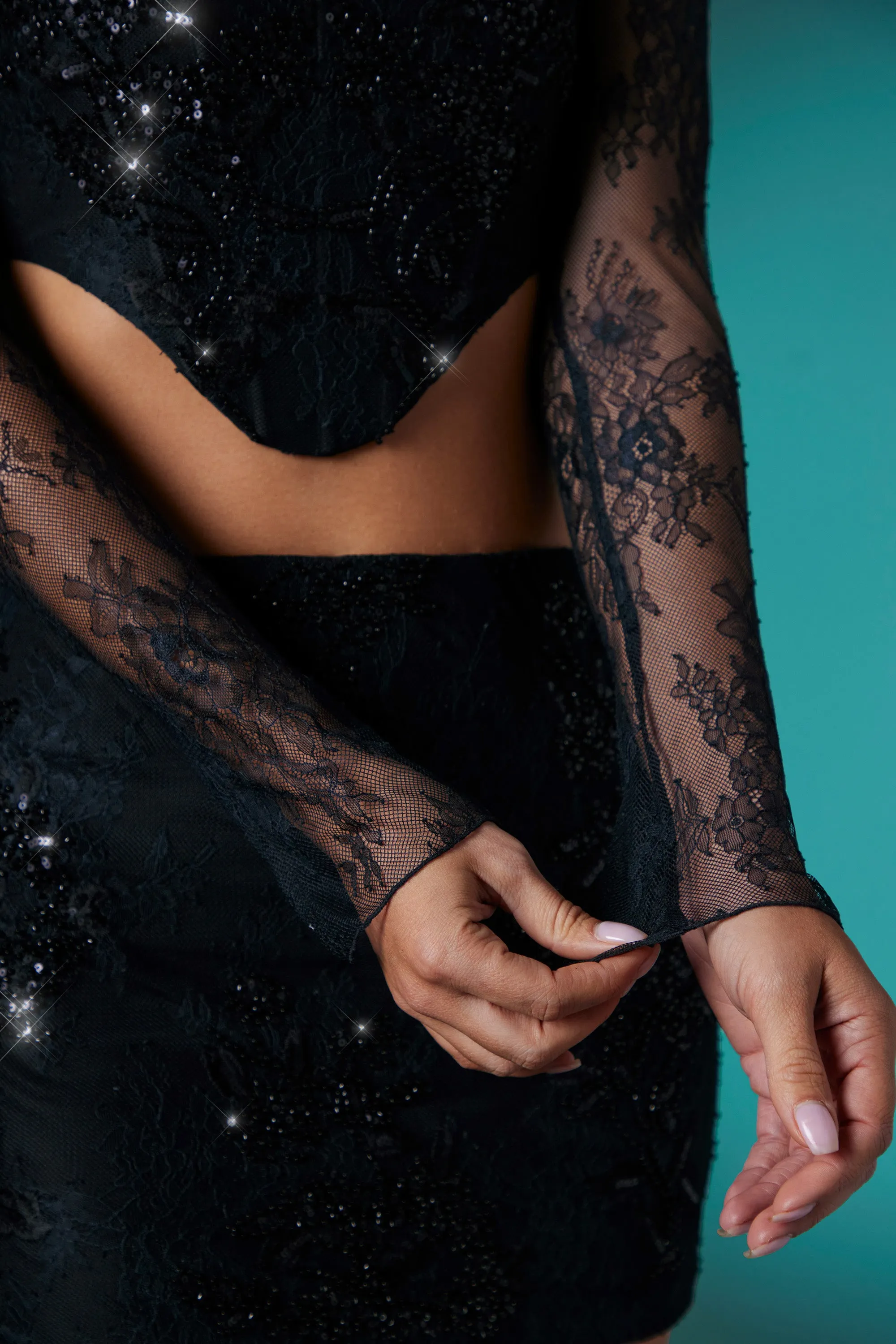 Long Sleeve Embellished Lace Corset Crop Top in Black sold by Oh Polly product image thumbnail 5