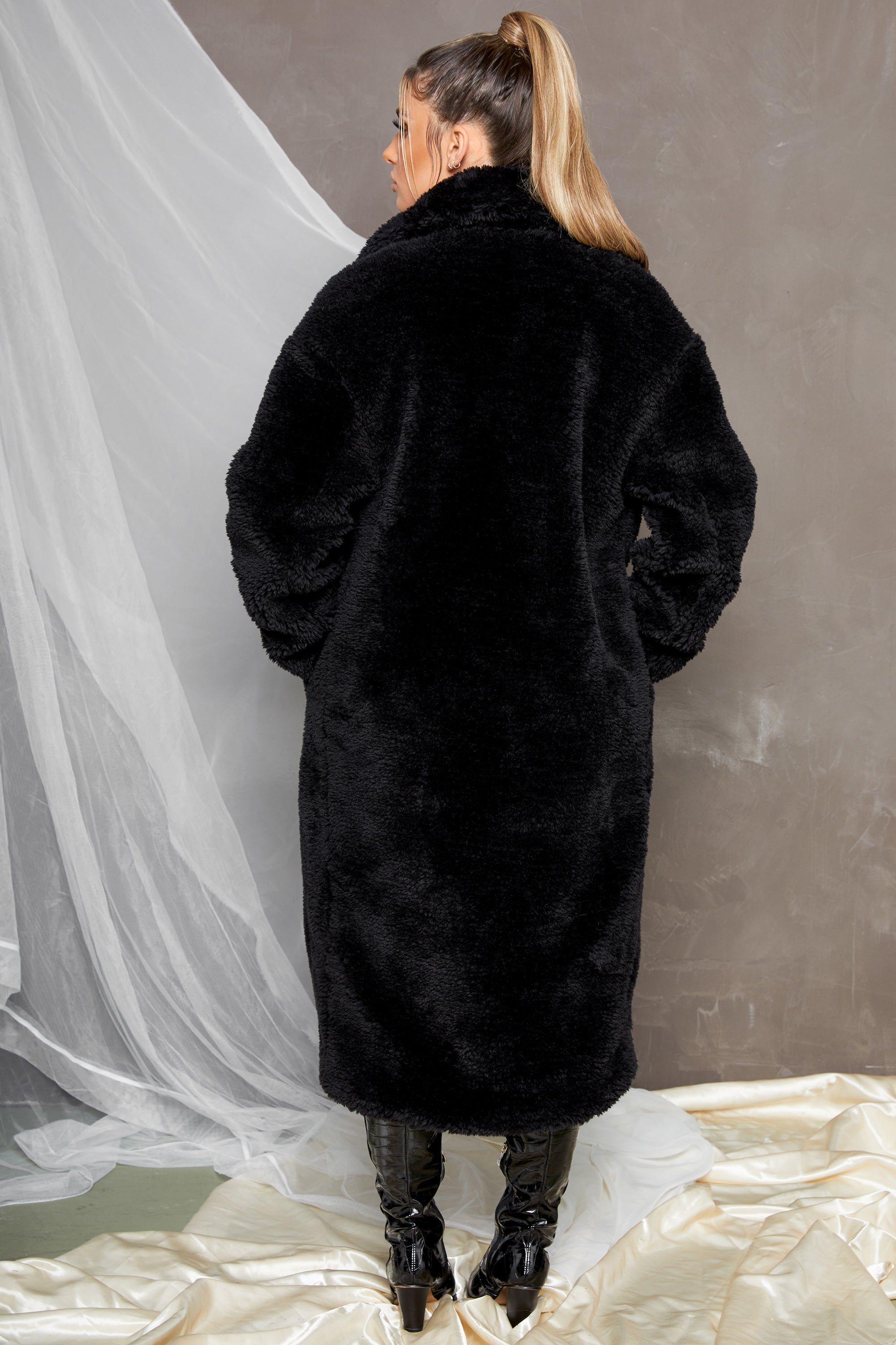 Empire Oversized Longline Cocoon Teddy Coat in Black sold by Oh Polly product image thumbnail 3
