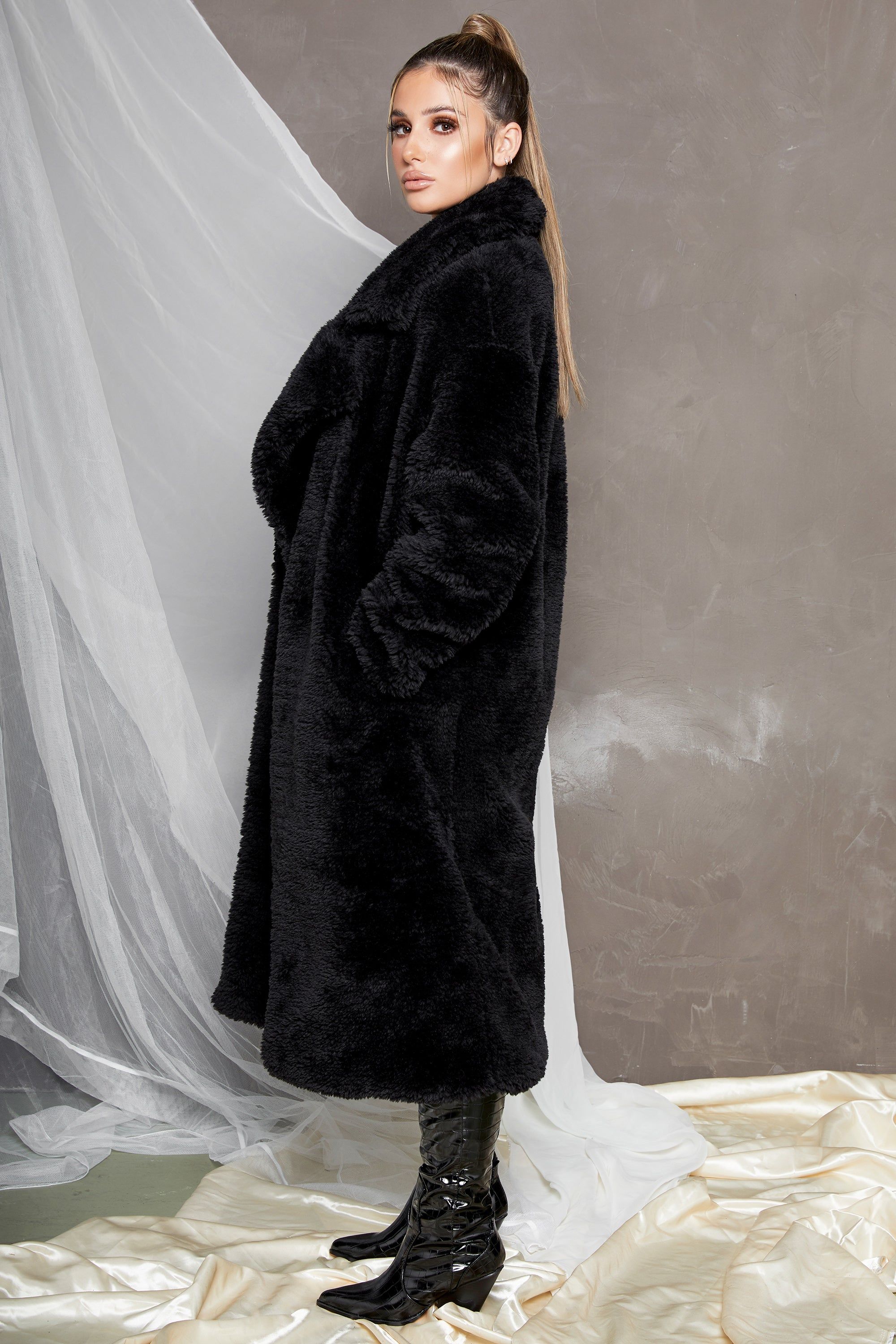 Empire Oversized Longline Cocoon Teddy Coat in Black sold by Oh Polly product image thumbnail 5