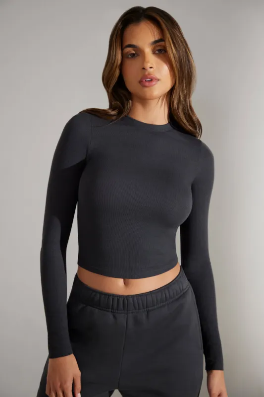 Soft Rib Long Sleeve Top in Washed Black sold by Oh Polly