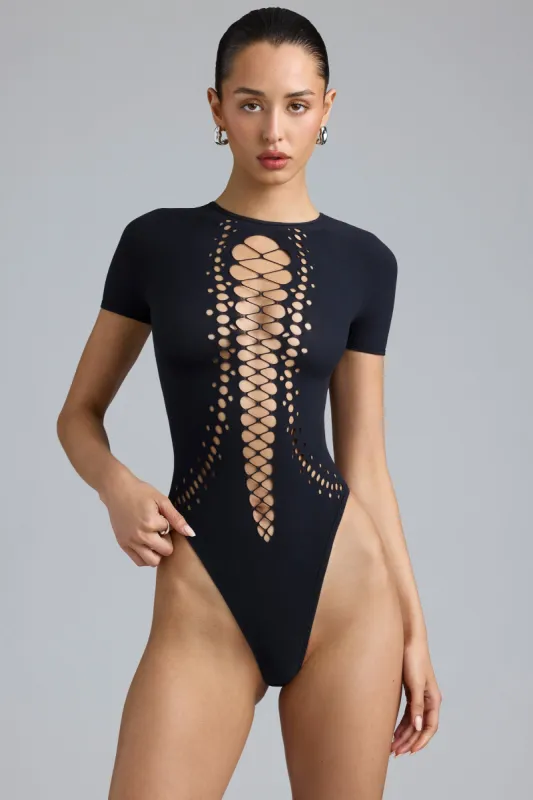 Lace-Up Bodysuit in Black sold by Oh Polly
