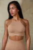 High Neck Open Back Define Luxe Sports Bra in Warm Taupe sold by Oh Polly