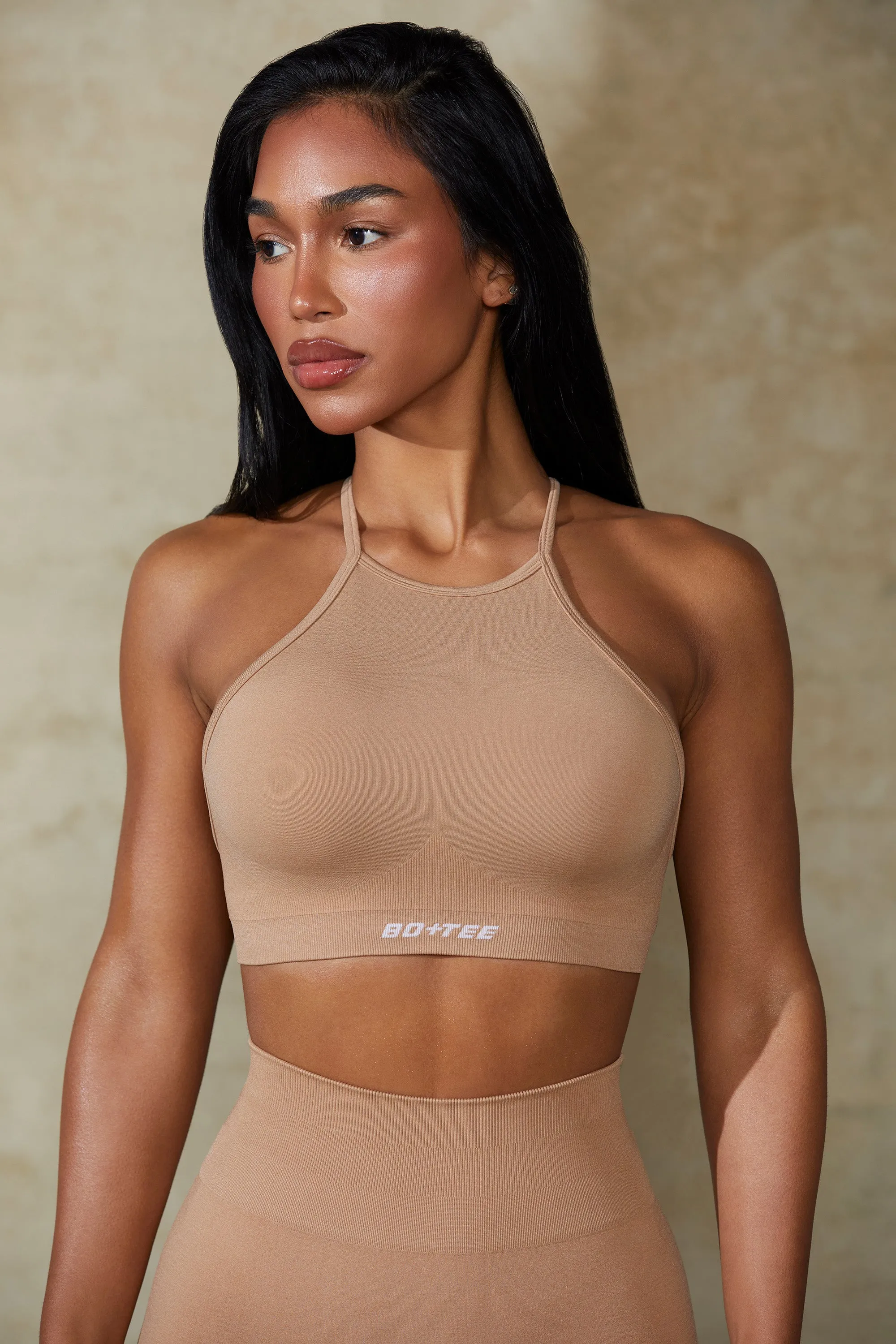 High Neck Open Back Define Luxe Sports Bra in Warm Taupe sold by Oh Polly product image thumbnail 2