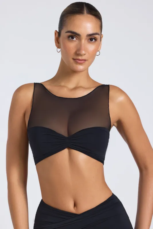 Sheer Panelled Ruched Crop Top in Black sold by Oh Polly