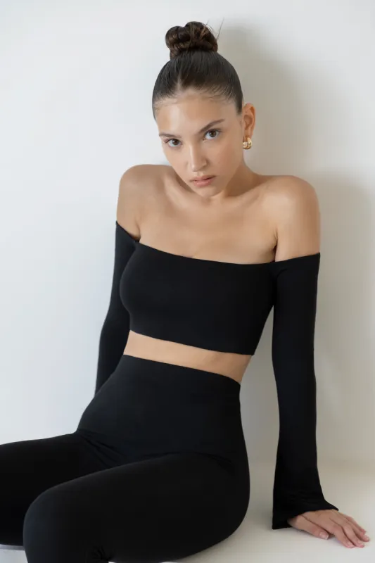 Long Sleeve Bardot Crop Top in Black sold by Oh Polly