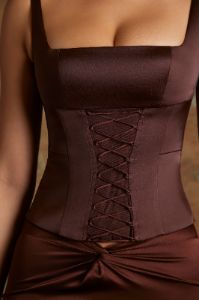Longline Lace Up Corset Top in Brown sold by Oh Polly
