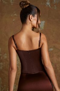 Longline Lace Up Corset Top in Brown sold by Oh Polly