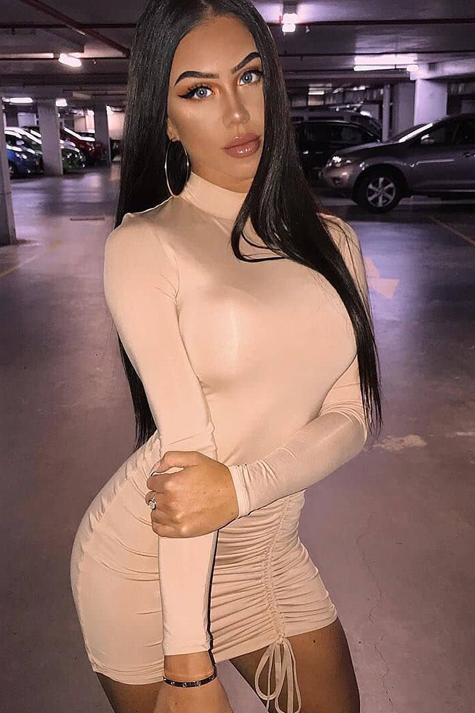 Tie Baby Long Sleeve High Neck Ruched Mini Dress in Nude sold by Oh Polly product image thumbnail 4