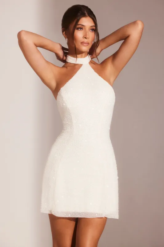 Embellished Asymmetric Neck A-Line Mini Dress in White sold by Oh Polly