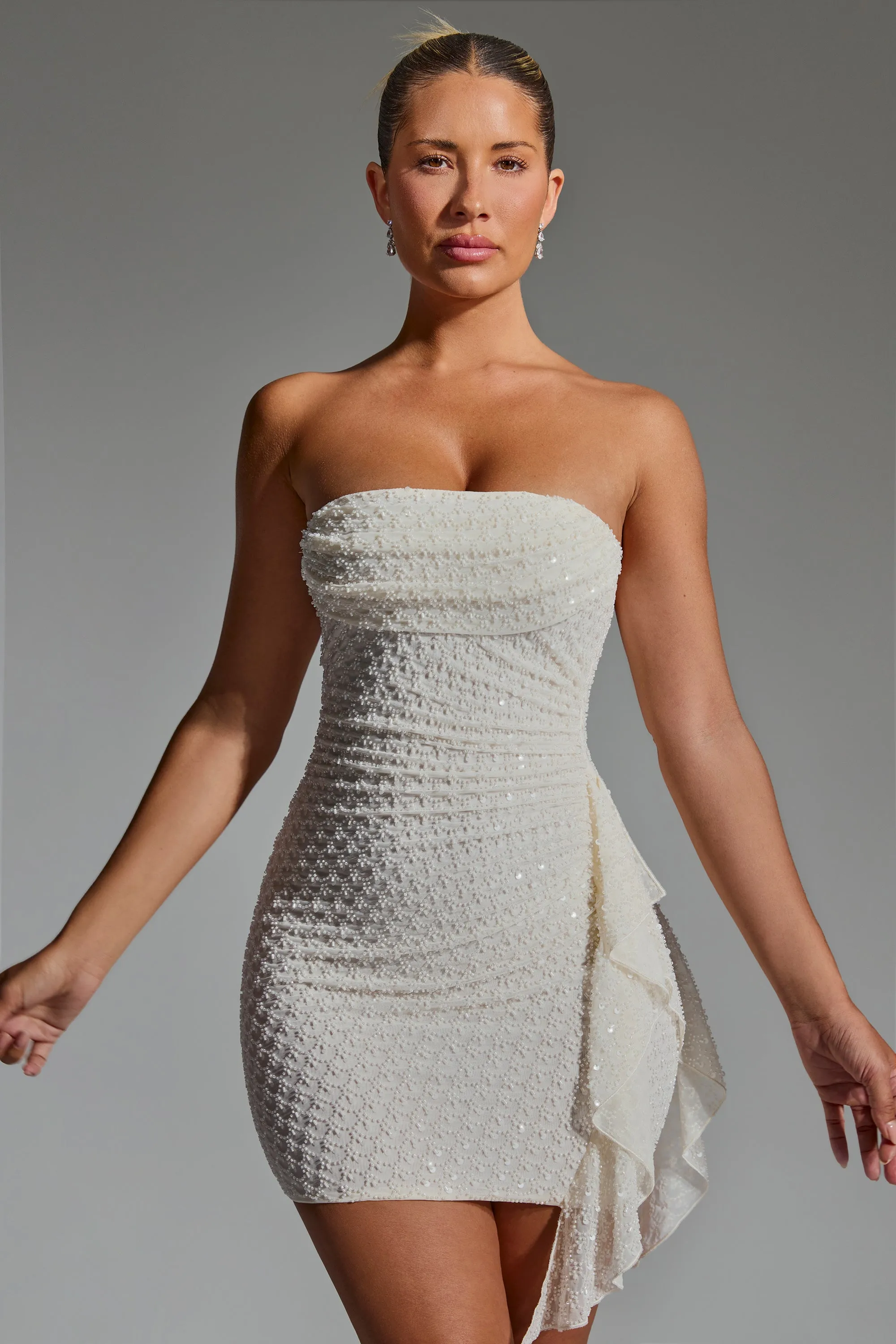 Embellished Ruffled Cowl-Neck Bandeau Mini Dress in White sold by Oh Polly