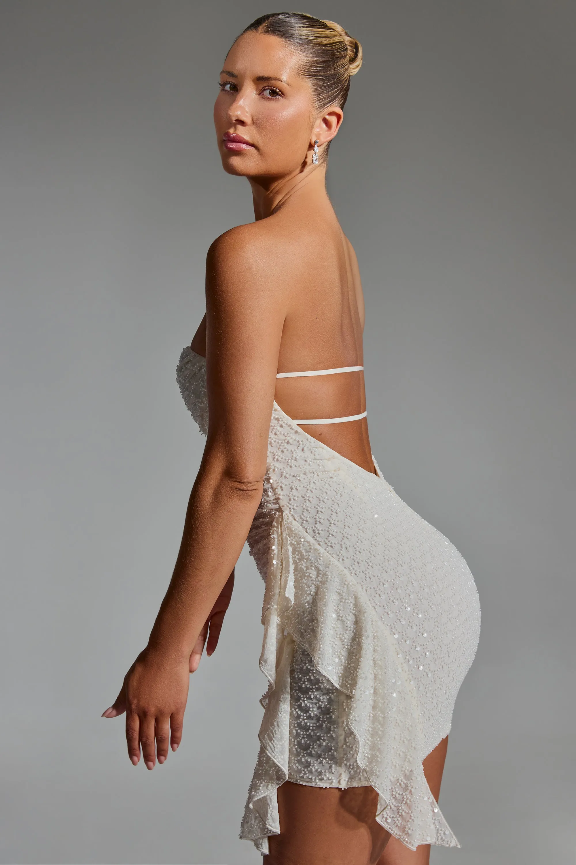 Embellished Ruffled Cowl-Neck Bandeau Mini Dress in White sold by Oh Polly product image thumbnail 3