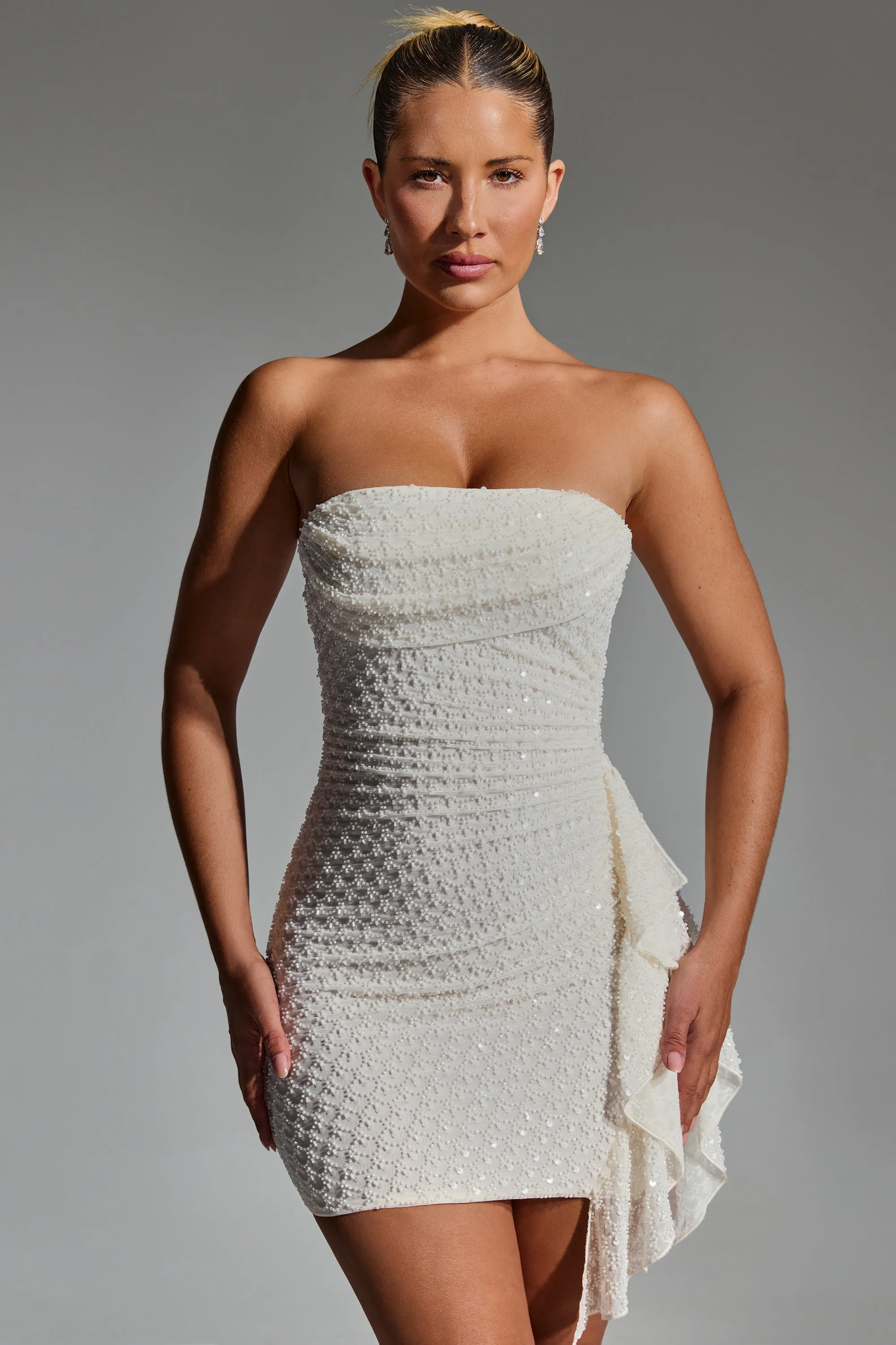Embellished Ruffled Cowl-Neck Bandeau Mini Dress in White sold by Oh Polly product image thumbnail 5