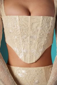 Long Sleeve Embellished Lace Corset Crop Top in Ivory sold by Oh Polly