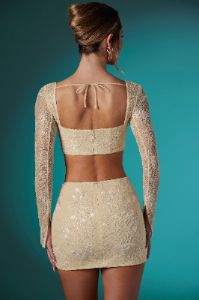 Long Sleeve Embellished Lace Corset Crop Top in Ivory sold by Oh Polly