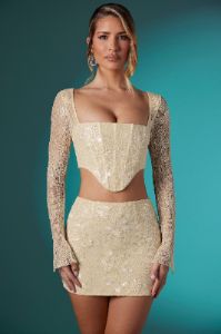 Long Sleeve Embellished Lace Corset Crop Top in Ivory sold by Oh Polly