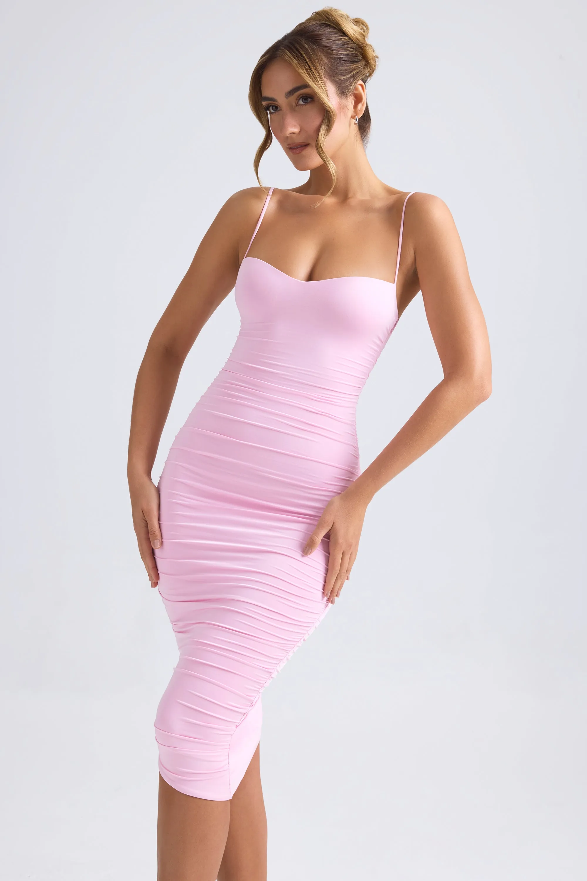 Asymmetric Ruched Midi Dress in Light Pink sold by Oh Polly product image thumbnail 4