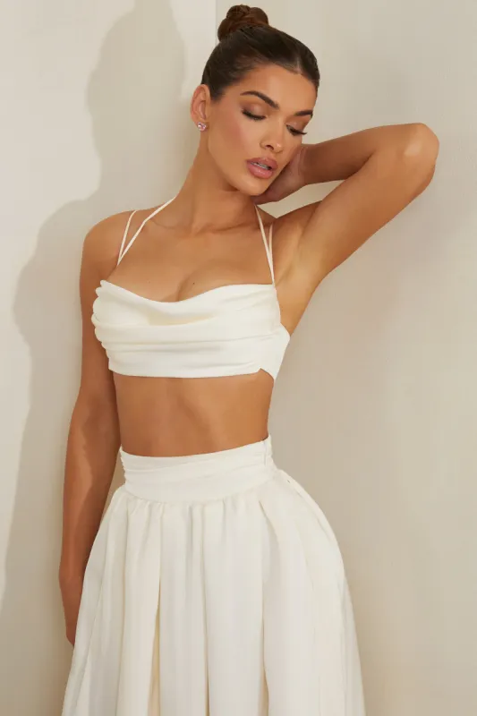 Cowl Neck Heavy Satin Crop Top in White sold by Oh Polly
